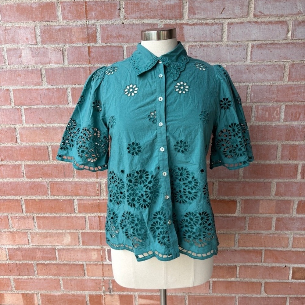 Sundance Womens Teal Green Cotton Floral Eyelet Lace Button Down Blouse Small‎